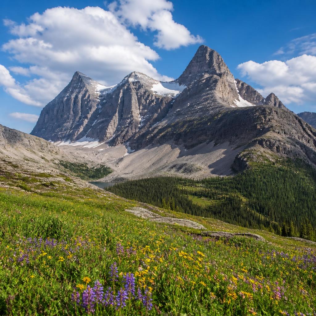 Jagged peaks and alpine wildflower meadows in the Canadian Rockies